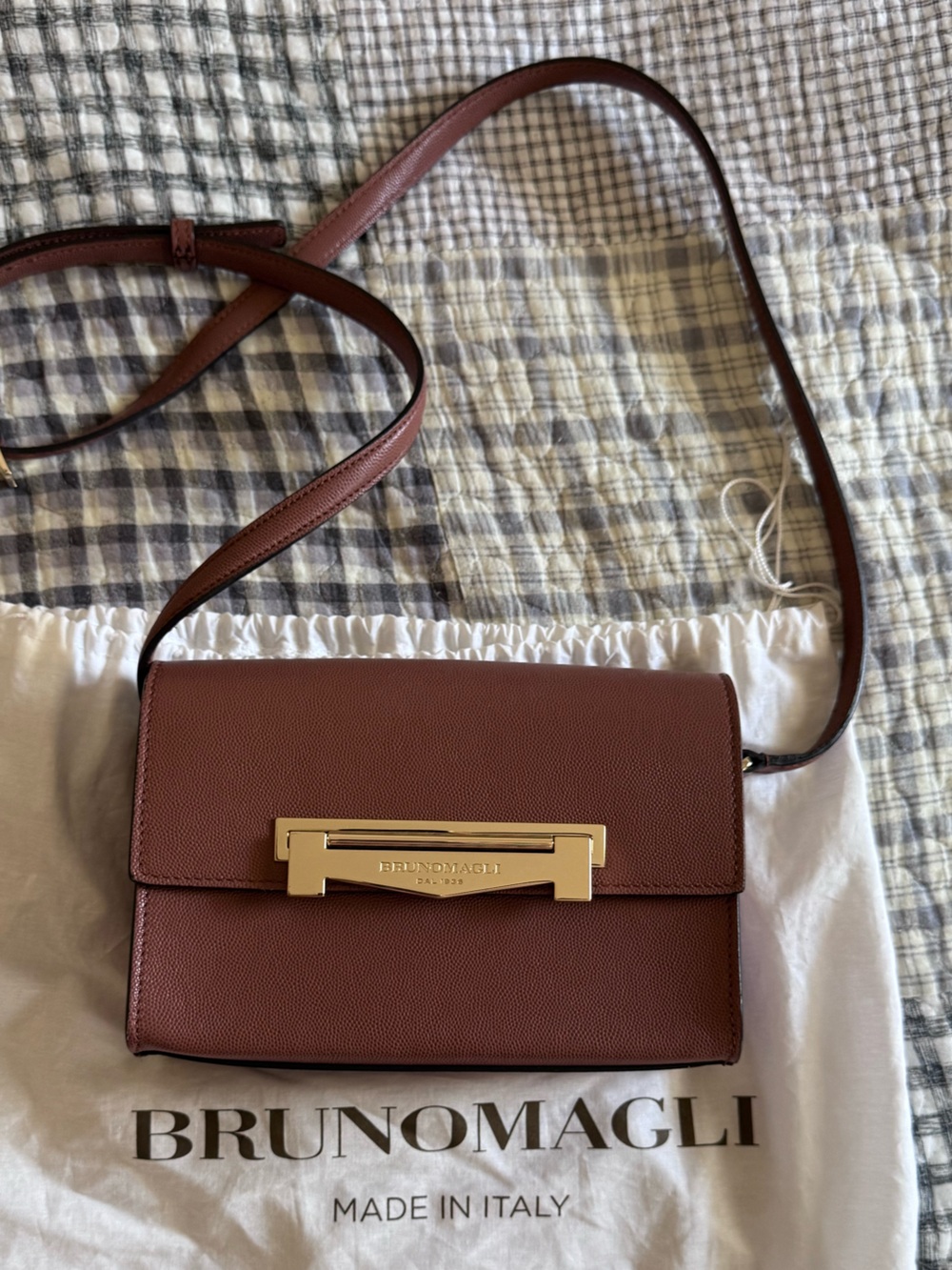 Bruno Magli Rust-Brown Leather Crossbody with Gold Accent